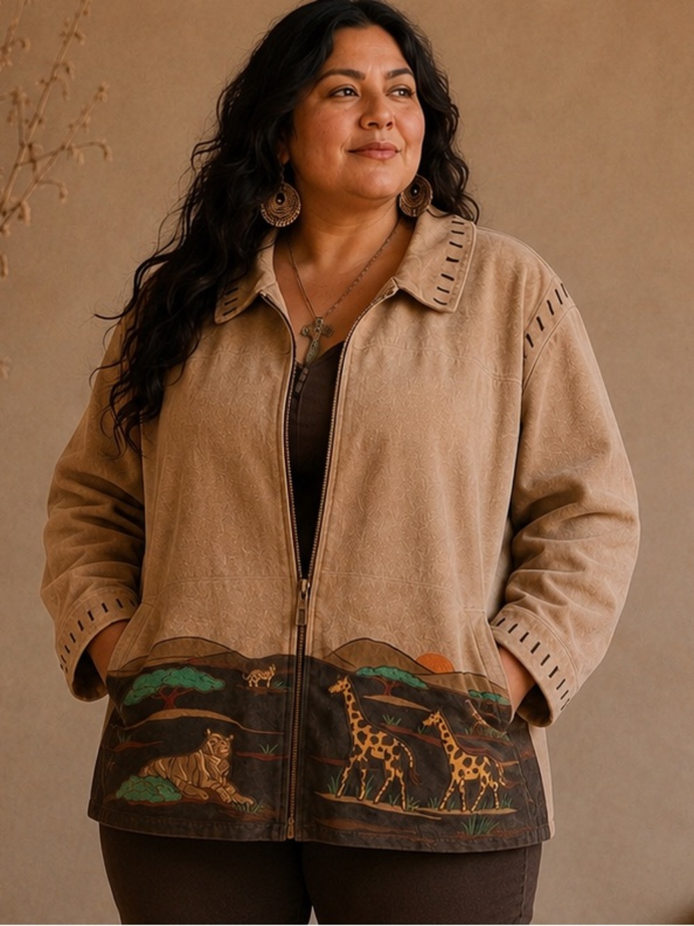 90s Western Brown Suede Jacket w/ Safari Animal Appliques by Quacker Factory 3X